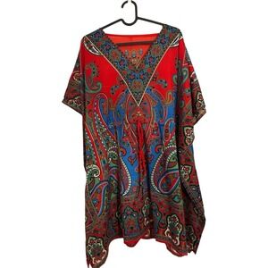 Brhamaki River Of Roses Kaftan Tunic Women Red Beige Boho Beach Cover Up Flowy